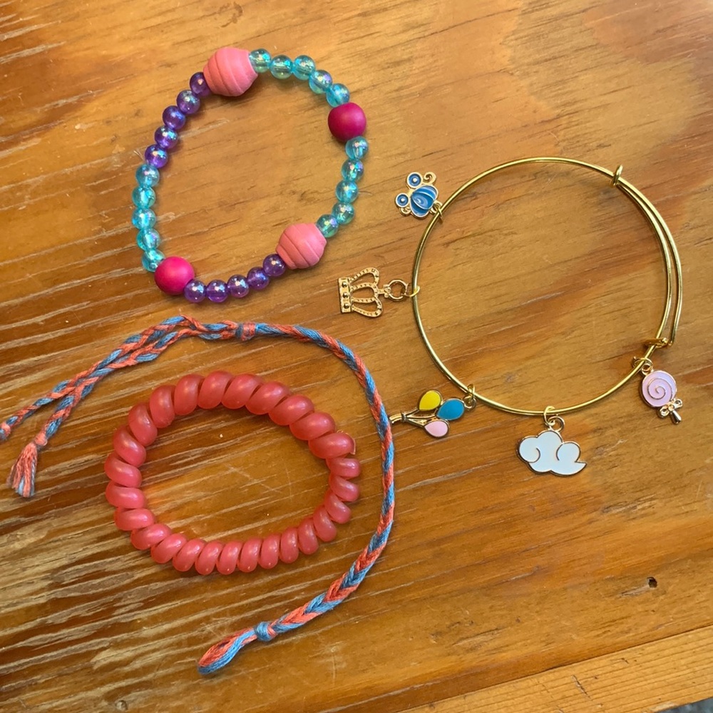 Handmade Coil Hair Tie Braided Thread Cotton Candy Charm Gold Bracelet Set